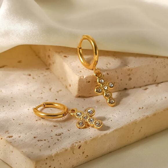 Zircon Cross Dangle Hoop Earrings 18K Gold Plated Stainless‎ Steel - Picture 2 of 8